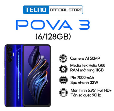 Điện thoại Gaming Tecno POVA 3 (6+5GB)/128GB - Helio G88 | 7000 mAh | Sạc nhanh 33W